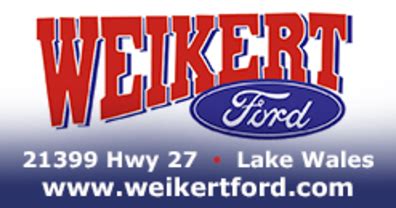 Weikert ford - Lease a new Ford EcoSport, buy a used F-150 or purchase a pre-owned car at Weikert Ford today! Weikert Ford Local Auto Finance Center Offering Ford Leases and Loans. Serving: Lake Wales, FL & Winter Haven, FL. Local Phone: (863) 676-7944. Directions to Weikert Ford. 21399 US-27, Lake Wales, FL 33859. Start Your Application ...